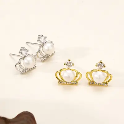 Princess Crown Pearl Earrings Gold Plated White Zircon