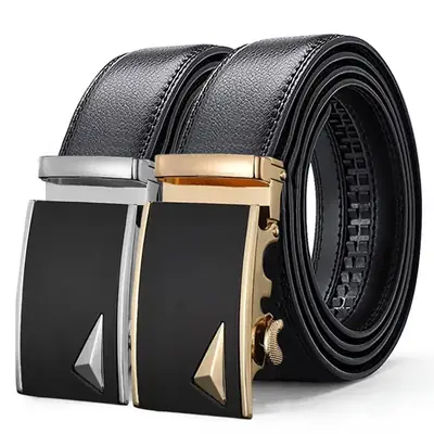 New Men's Black Leather Belt with Gold Buckle