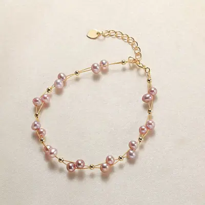 Natural Freshwater Pink Pearl Bracelet Adjustable Gold Silk