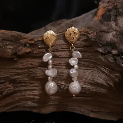 French Classical Pearl Earrings Silver Needle Asymmetrical