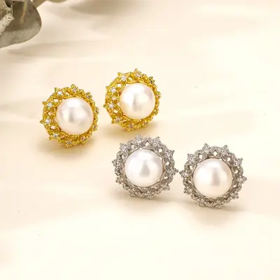 Natural Pearl Zircon Flower Earrings for Women
