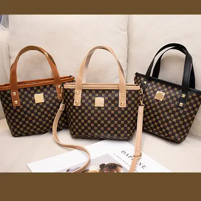 2023 Trendy Women's Checked Bag Set Brown Leather Handle