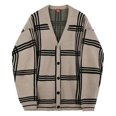 Men's Beige Black Plaid Knit Cardigan Jacket