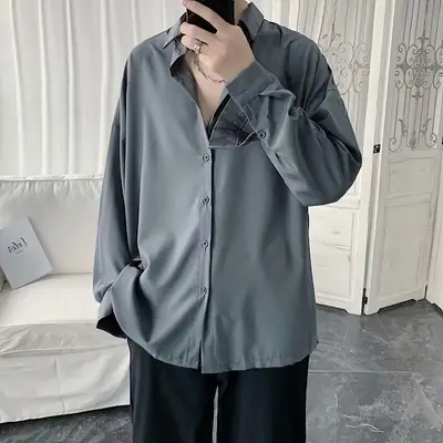 Black Long Sleeve Men's Shirt Korean Style Lazy Wear