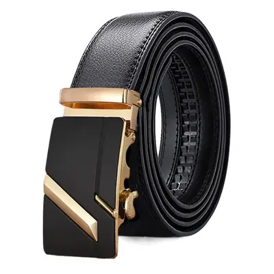 Men's Black Leather Belt with Gold Buckle