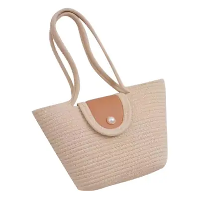 Beige Woven Shoulder Bag with Pearl Button