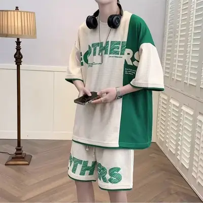 Hong Kong Style Waffle Loose Suit Summer New Color Matching Youth