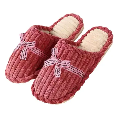 Women Bow Thick Slippers Blue Cotton Winter Warm