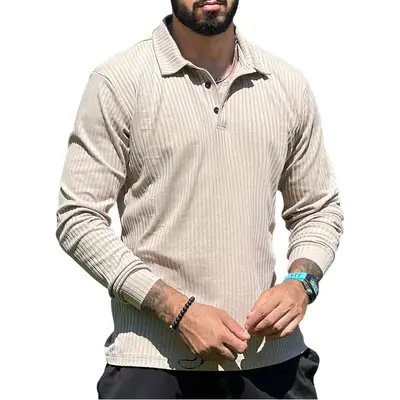 Men's European American Lapel Polo T-Shirt White Striped