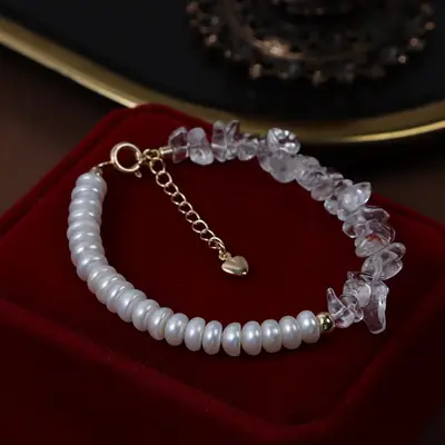 Crystal Pearl Bracelet with Gold Chain & Heart Buckle