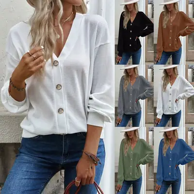 Women Button V-Neck Long Sleeve T-Shirt Grey