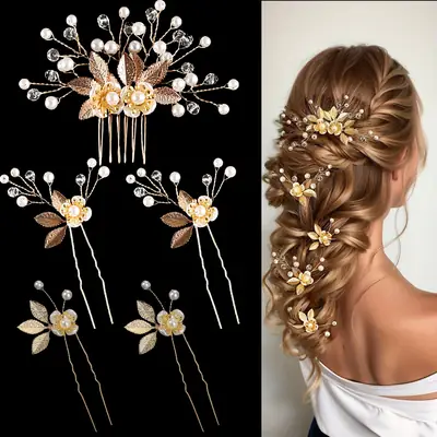 5 Pcs Gold Leaf Pearl Hair Clips for Bridal Hair Accessories