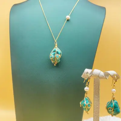 Natural Turquoise Necklace & Earrings Set for Women