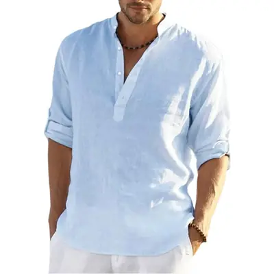Men Cotton Long Sleeve Shirt Light Blue Loose Collar