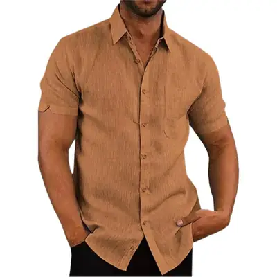 Men's Brown Button-Down Shirt Short Sleeve Single Pocket