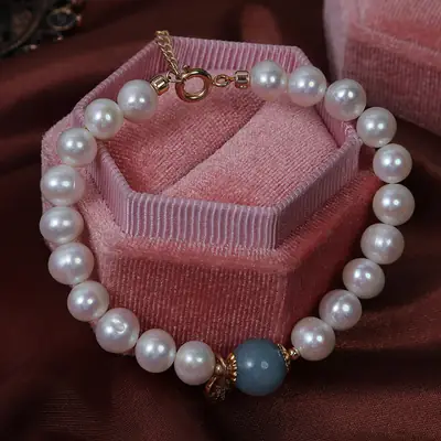 Vintage Pearl Bracelet with Blue Stone & Gold Clasp