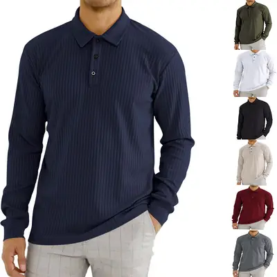 Men's Navy Blue Long Sleeve Polo Shirt with Anti-Strip Design