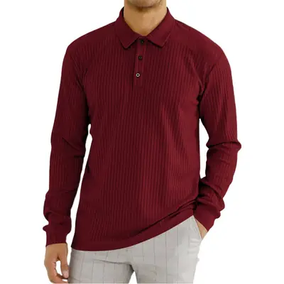 Men's Classic Button Long Sleeve Polo Shirt Beige Striped