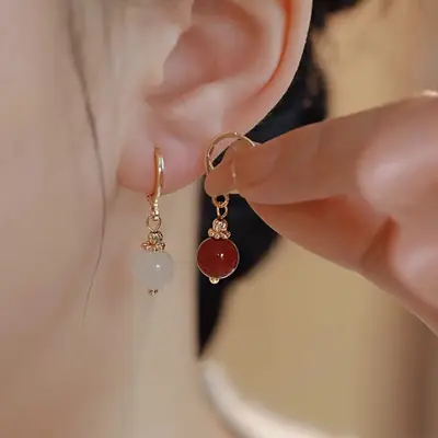 Natural Hetian Jade Earrings White Chalcedony Gold Silk