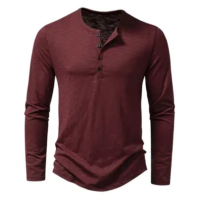 Men's White Bamboo Cotton Long Sleeve T-Shirt with Henry Collar