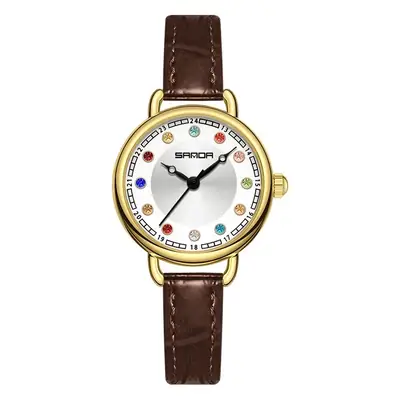 Sanda Women's Quartz Watch with Crystal Dial & Leather Strap