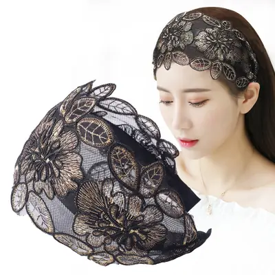 Black Lace Floral Headband for Women