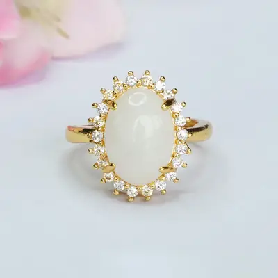 Guan Yu White Jade Ring with Crystal Set