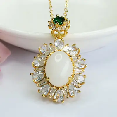 Guan Yu White Jade Pendant Necklace with Emerald Top