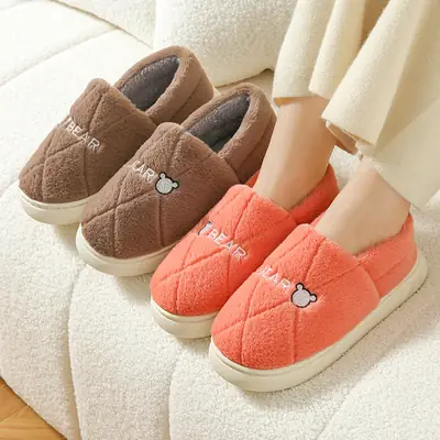 Women's Orange Velvet Flats Winter Slippers Non-Slip
