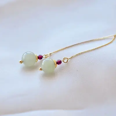 14K Gold-Filled Hetian Jade Face Earrings Set