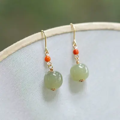 Vintage Jade Drum Earrings with Red Beads
