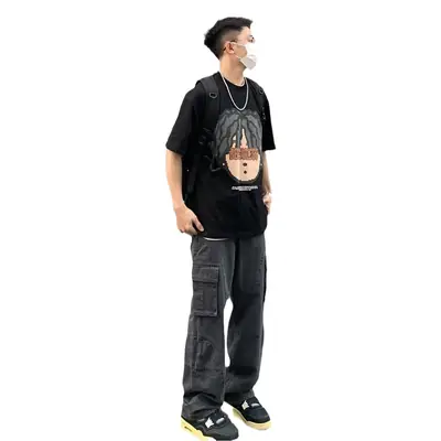 Men's Green Cargo Pants with Vintage Graphic T-Shirt