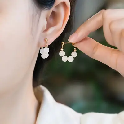 New Chinese & Natural Tian Jade White Jade Round Bead Earrings
