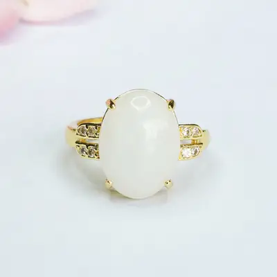White Jade Finger Ring with Crystal Accents