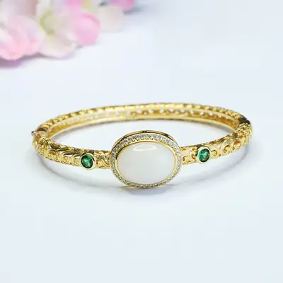White Jade Cabochon Bangle Bracelet with Green Stones
