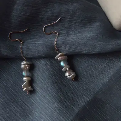 Natural Pearl Moonstone Earrings Long Hook 14K Gold