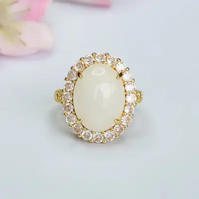 White Jade Ring with Crystal Border Gold Plated