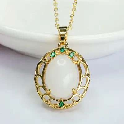 Guan Yu White Jade Pendant Necklace with Green Stones