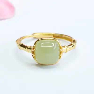 Guan Yu Inlay Ring with Hetian Jade Clear Water Small
