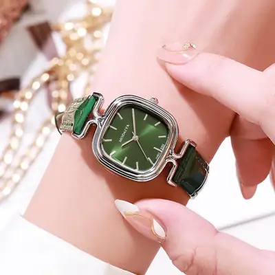 Green Gemstone Women's Watch with Thin Band