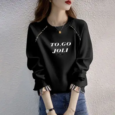 Women Korean Style Hoodless Sweatshirt Black Loose Pullover