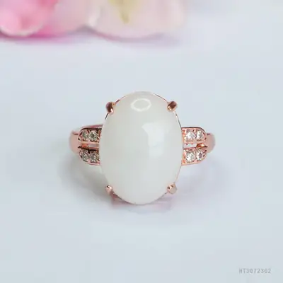 White Jade Finger Ring with Rose Gold Setting