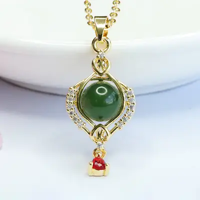 Guan Yu Jade Pendant Necklace with Red Stone & Crystal