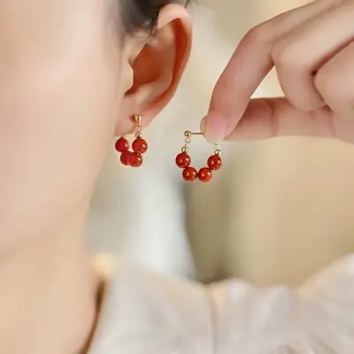 Natural Red Agate Earrings 6mm Round Beads Women