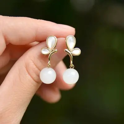 White Jade Butterfly Earrings 925 Silver Gold Plated