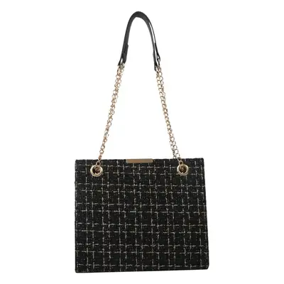 Women's Black Plaid Shoulder Bag with Gold Chain