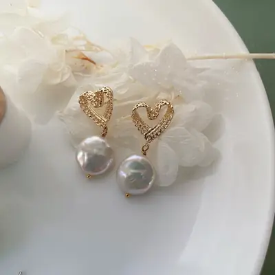 Japanese Style Pearl Heart Earrings for Women