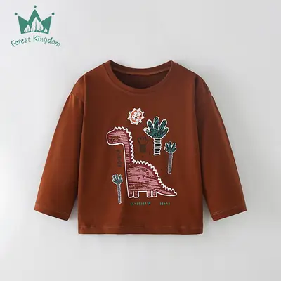 Boys Long Sleeve T-Shirt Dinosaur Print Pure Cotton Brown
