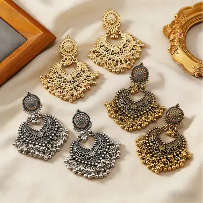 Cross-Border Vintage Bohemian Ethnic Style Earrings for Women, Elegant Hollow Heart-Shaped Studs, Long Bell-Shaped Indian Accessories