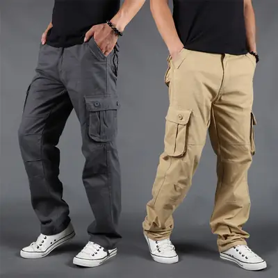 Grey Multi-Pocket Cargo Pants for Men, Loose Fit, 6PcPants, Casual Winter